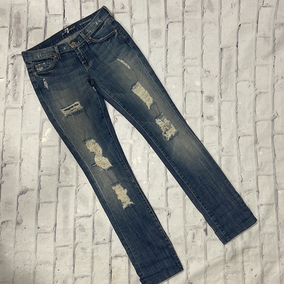 7 For All Mankind Roxanne Jeans Skinny Straight Distressed Mid-Rise Denim - Picture 4 of 14